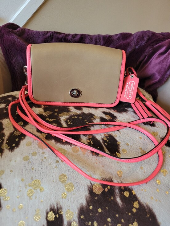 Coach Handbags - Coach Penny Archive Khaki Crossbody with Watermelon Pink Trim